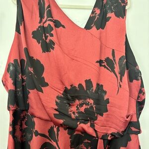 Floral Print V-Neck Sleeveless Dress in Coral and Black